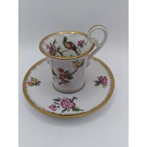 AJCO Limoges France Handpainted Demitasse Cup And Saucer Bird Flower Gold...